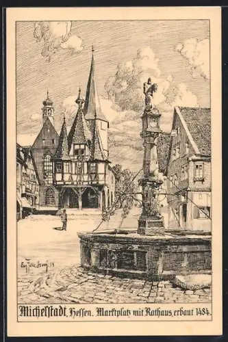 Künstler-AK Eugen Felle: Michelstadt, Strassenpartie mit Brunnen, erbaut 1484