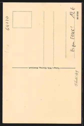 Künstler-AK Eugen Felle: Michelstadt, Strassenpartie mit Brunnen, erbaut 1484
