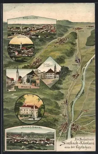 Künstler-AK Eugen Felle: Simbach / Inn, Bahnlinie nach Kösslarn aus der Vogelschau