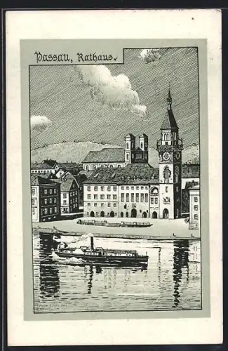Künstler-AK Eugen Felle: Passau, Rathaus mit Flusspartie und Dampfer
