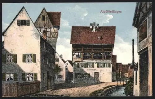Künstler-AK Eugen Felle: Nördlingen, Altstadt-Partie mit Fachwerkhäusern, Haus K. B. Meyer