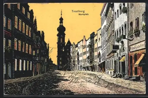 Künstler-AK Eugen Felle: Trostberg, Marktplatz mit Kirche u. Geschäften