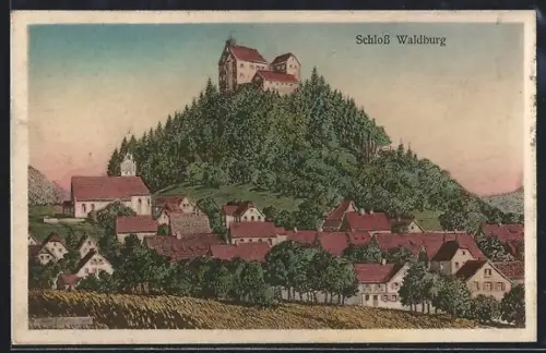 Künstler-AK Eugen Felle: Waldburg, Ortsansicht mit Schloss auf bewaldetem Berg