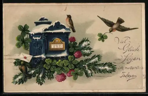 Künstler-AK Briefkasten mit Klee, Tannenzweigen und Vögeln