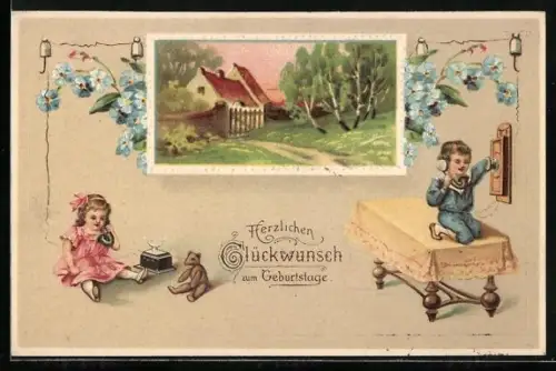 Künstler-AK Zwei Kinder unterhalten sich am Telefon, Sonnige Landschaft, Vergissmeinnicht