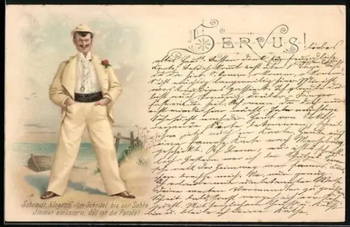 Lithographie Mann in hellem Anzug mit Monokel an einer Kette