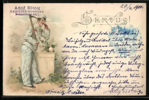 Lithographie Mann in gestreiftem Anzug mit Monokel