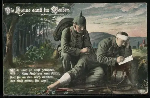 AK Verletzter Soldat schreibt einen Brief, Die Sonne sank im Westen
