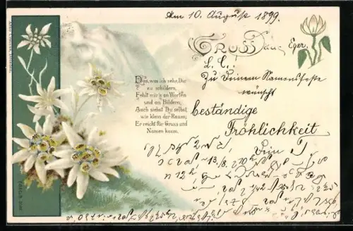 Lithographie Edelweis mit Bergen, Das was ich sehe, Dir zu schildern Fehlt mir`s an Worten und an Bildern...