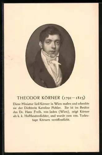 AK Theodor Körner, Porträt gemalt als Geschenk für die Dichterin Karoline Pichler