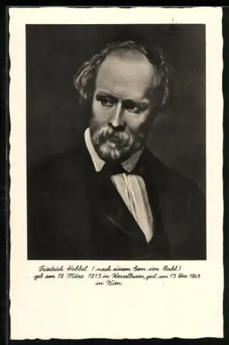 AK Friedrich Hebbel, Porträt im Passeparpout mit Lebensdaten