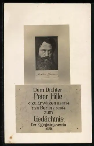 AK Peter Hille, Porträt zum Gedenken durch den Eggegebirgsverein 1929