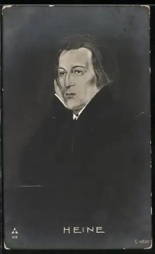 AK Heinrich Heine, Stilisiertes Porträt in dunkler Kleidung