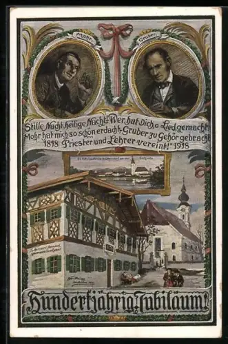 Künstler-AK Oberndorf an der Salzach, Schulhaus und Kirche, Komponisten Gruber und Mohr