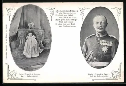 AK König Friedrich August im 40. Lebensjahr, Prinz Friedrich August im 1. Lebensjahr