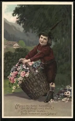 Präge-AK Junge in Tracht mit einem Korb voller Blumen