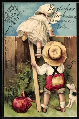 AK Kinder klettern über den Gartenzaun, Neujahrsgruss