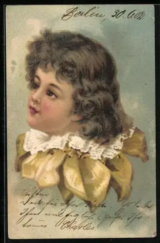 Lithographie Lockiger Knabe mit Zierkragen, Portrait