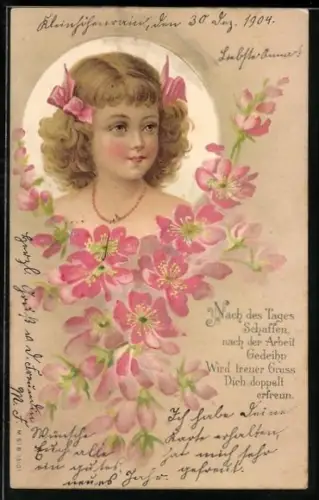 AK Mädchenporträt mit rosa Schleifen und Blütenblätten im Strahlenkranz