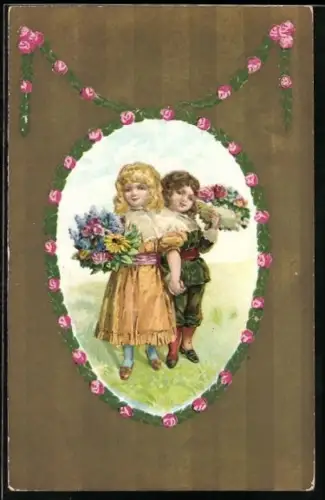 Präge-AK Zwei Kinder mit Blumensträussen in einem Rosenpassepartout