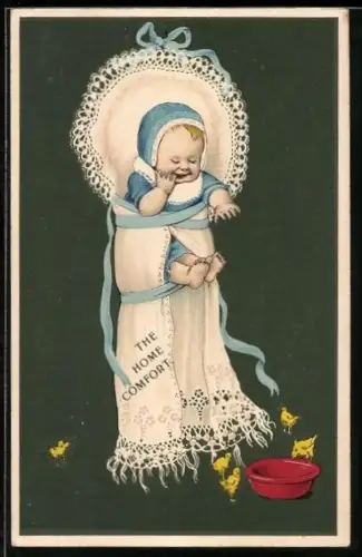 AK Baby schaut auf Küken und Schüssel