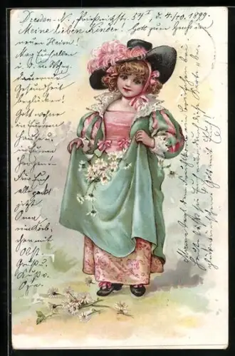 AK Blondes Mädchen in eleganter Kleidung und Hut trägt Gänseblümchen in ihrem Rock