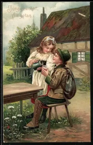 Präge-AK Mädchen füllt das Glas eines Jungen, Jung gewohnt, Alt getan