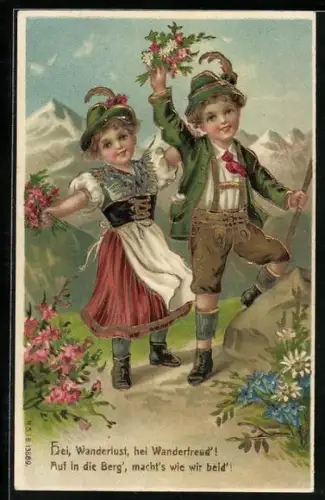 Präge-AK Zwei in Trachten gekleidete Kinder in den Bergen, Edelweiss und Enzian