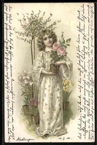 Künstler-AK Namenstag, junges Mädchen mit Rose im Arm