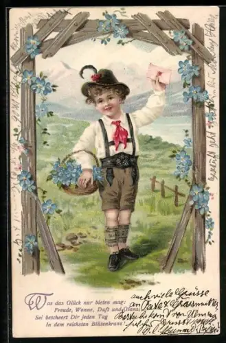 AK Junge in Tracht überbringt Brief und Blumen