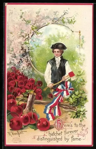 Präge-AK Junge mit Axt bei der Ernte riesiger Kirschen