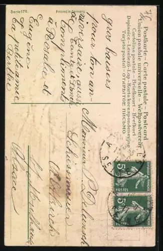 Präge-AK Zwei Kinder mit einem Korb voller Klee auf einer Wiese