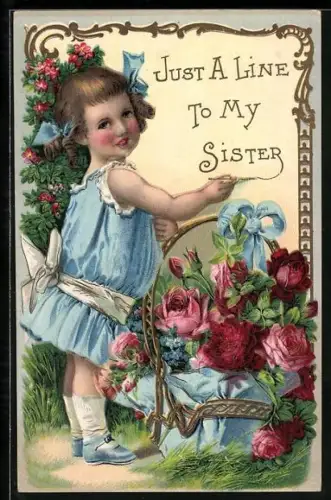 Präge-AK Mädchen im blauen Kleid mit Korb voller Rosen