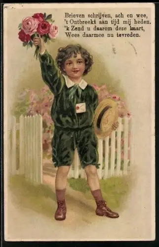 Präge-AK Junge mit Hut winkt mit einem Rosenstrauss