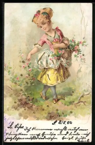 Präge-AK Mädchen mit einem Korb voller Blumen spaziert durch die Natur