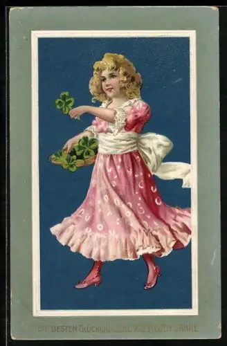 Präge-AK Blondes Mädchen überbringt Klee und Neujahrswünsche