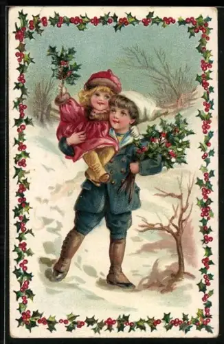 AK Geschwister im Schnee mit Stechpalme, Weihnachten