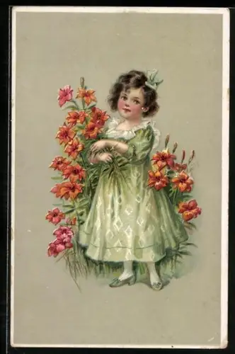 Präge-AK Dunkelhaariges Mädchen im grünen Kleid umringt von Lilien