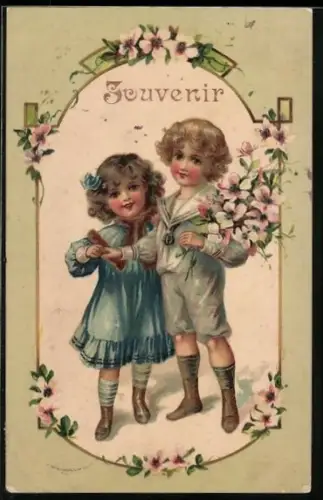 Präge-AK Zwei Kinder mit Wildrosenstrauss