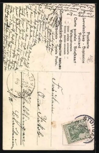 Präge-AK Zwei Kinder sitzen auf einem Korb voller Vergissmeinnicht und Klee