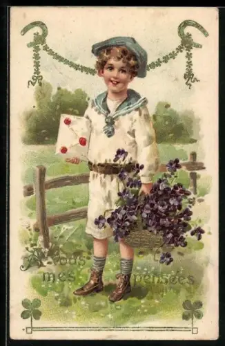 Präge-AK Junge im Matrosenanzug überbringt einen Korb voller Veilchen