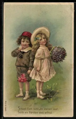 Präge-AK Zwei Kinder mit Blumen in den Händen