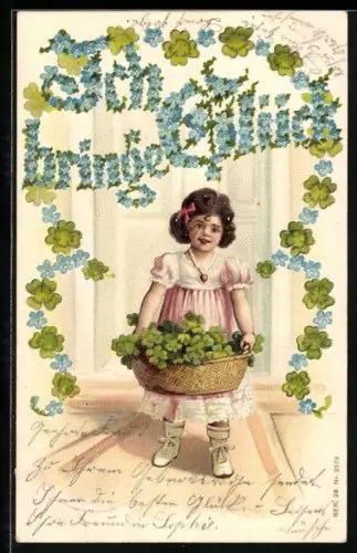 AK Mädchen mit Schleife im Haar und Kleeblattkorb