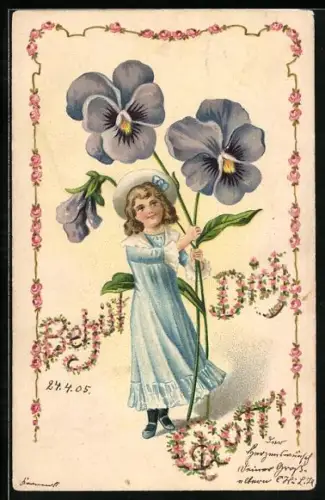 Präge-AK Mädchen im blauen Kleid trägt riesige Stiefmütterchen