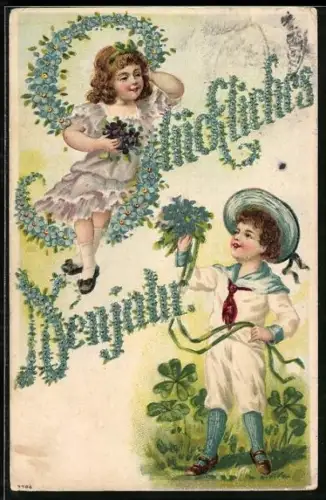 Präge-AK Zwei Kinder überbringen Neujahrswünsche aus Vergissmeinnicht