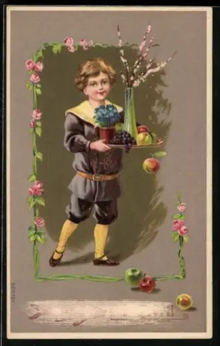 Präge-AK Junge trägt ein Tablett mit Obst und Blumen, Rahmen aus Rosen