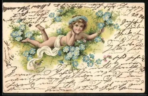 Präge-AK Kind liegt umringt von Vergissmeinnicht auf einer Wiese