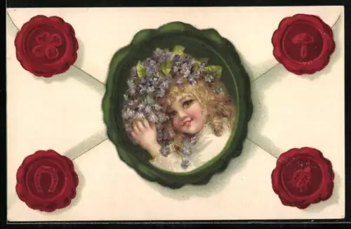 Präge-AK Mädchen mit Flieder in den Haaren auf dem Siegel eines Briefes