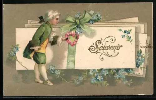 Präge-AK Junge steht vor grossen Briefen umringt von Vergissmeinnicht