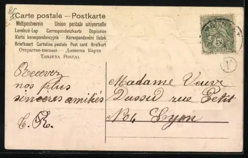 Präge-AK Junge steht vor grossen Briefen umringt von Vergissmeinnicht